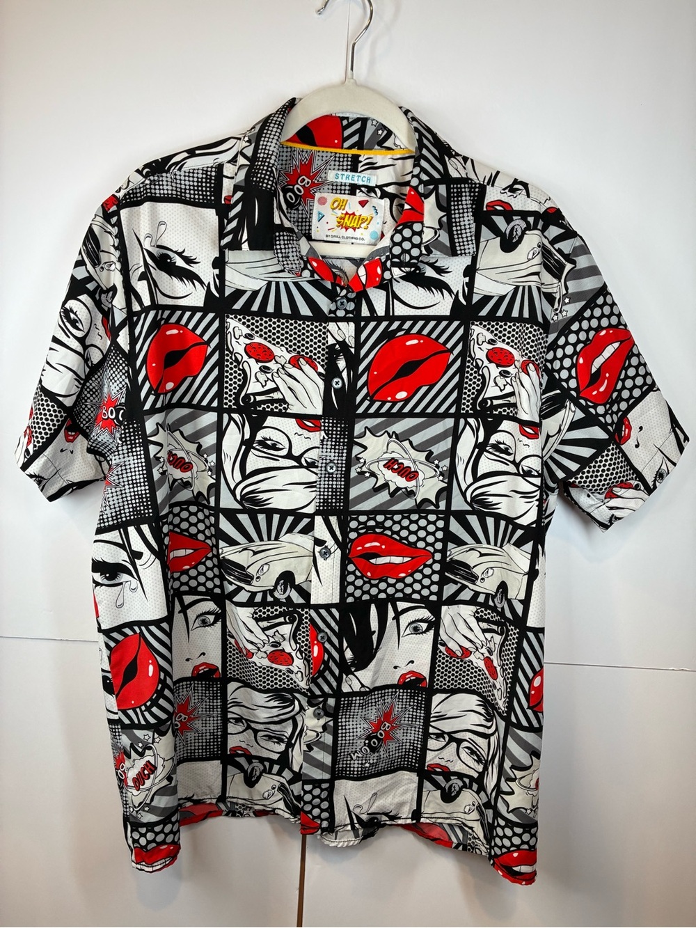 Drill Clothing Co Oh Snap Comic Print Button Up Shirt XL Pop Art Stretch